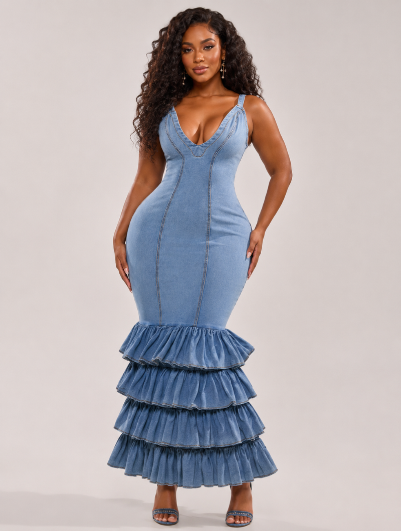 Denim Muse Ruffle Maxi Dress