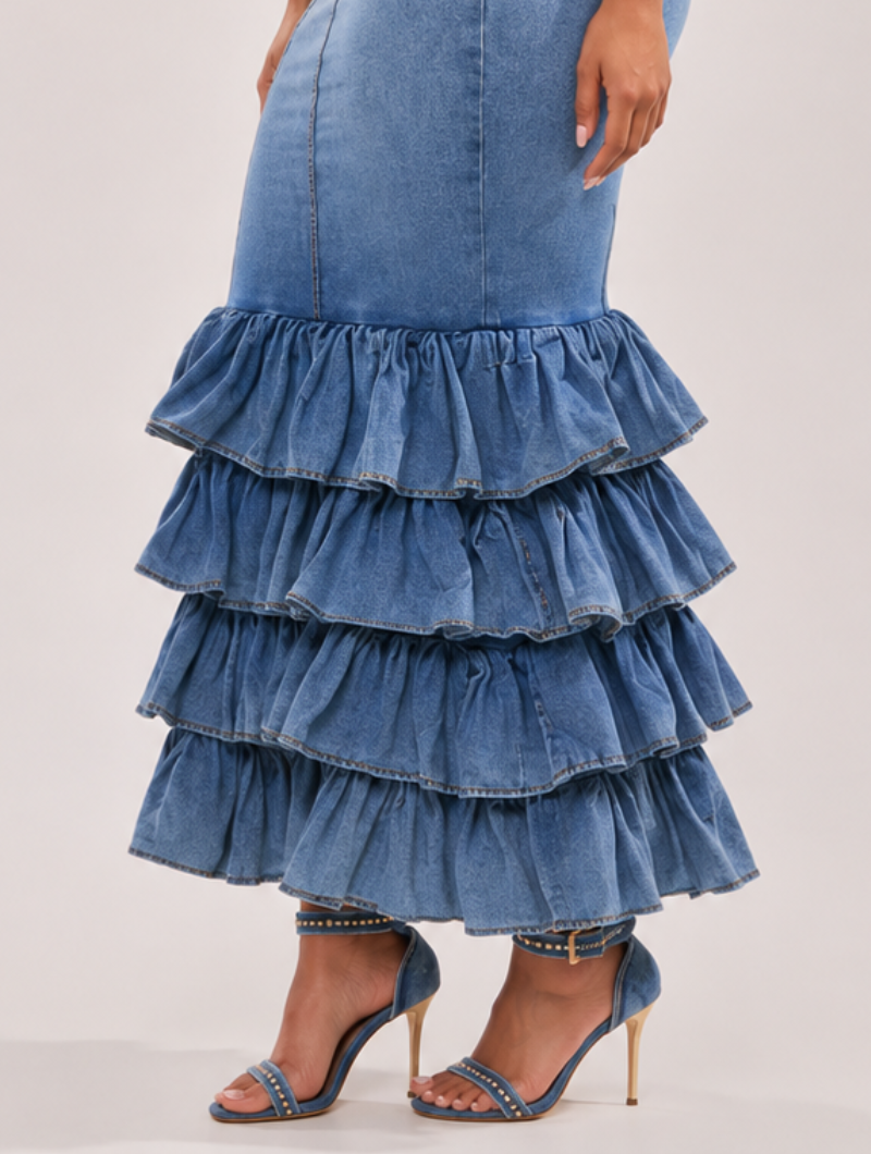 Denim Muse Ruffle Maxi Dress